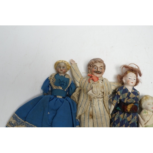 365 - Six doll's house dolls, two c.1860 and a male figure with moustache, two other bisque later figures ... 