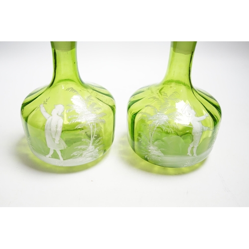 381 - A pair of Mary Gregory glass decanters and stoppers, 26cm