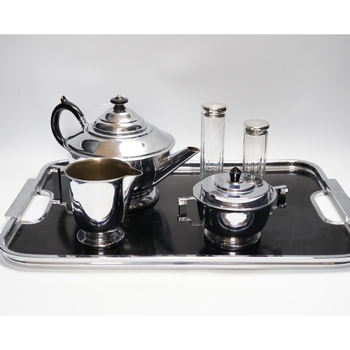 395 - An Art Deco style plated teaset and tray and two silver jars