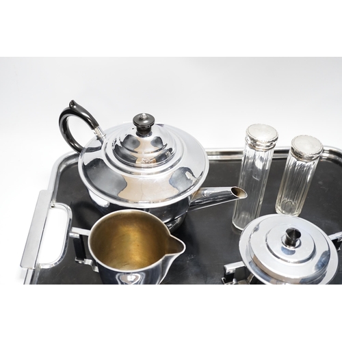 395 - An Art Deco style plated teaset and tray and two silver jars