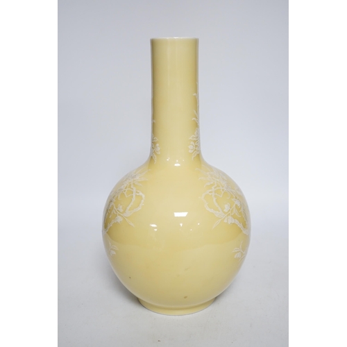 406 - A Chinese yellow glazed bottle vase, drill hole to base, 29cm