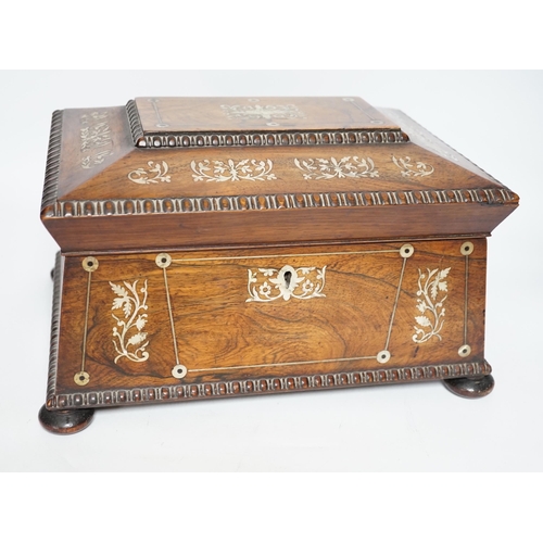 407 - A William IV mother of pearl inlaid rosewood jewellery casket, 30cm wide