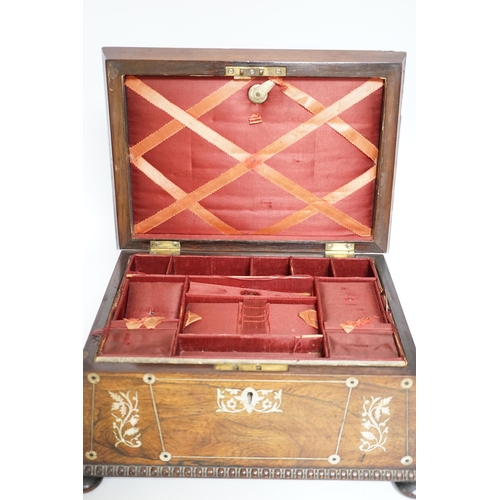 407 - A William IV mother of pearl inlaid rosewood jewellery casket, 30cm wide