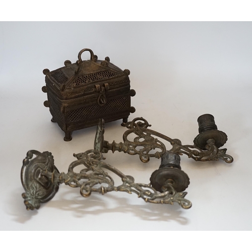 412 - An African Benin style bronze casket and pair of wall sconces, 22cm