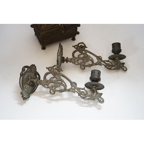 412 - An African Benin style bronze casket and pair of wall sconces, 22cm