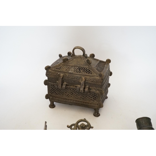 412 - An African Benin style bronze casket and pair of wall sconces, 22cm