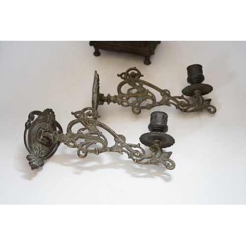 412 - An African Benin style bronze casket and pair of wall sconces, 22cm