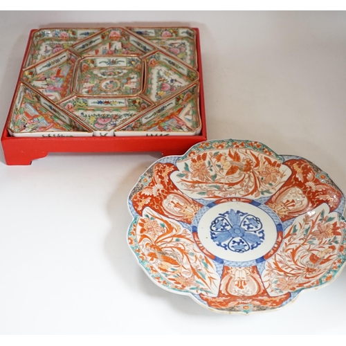 413 - A boxed Chinese famille rose supper set and an Imari dish, box 30cmsq