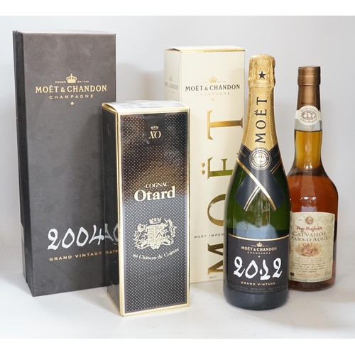 414 - Three bottles of champagne including Moët, Otard Cognac and one other (5)