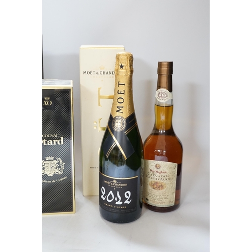 414 - Three bottles of champagne including Moët, Otard Cognac and one other (5)