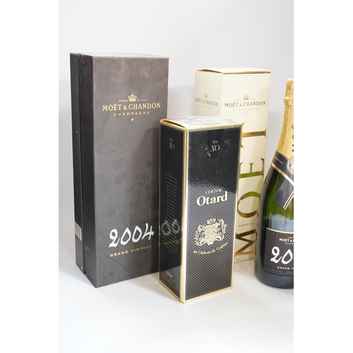 414 - Three bottles of champagne including Moët, Otard Cognac and one other (5)