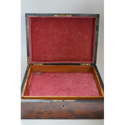 416 - A Late 19th century burr yew and brass inlaid jewellery box, with lift out compartment and key, 28cm... 