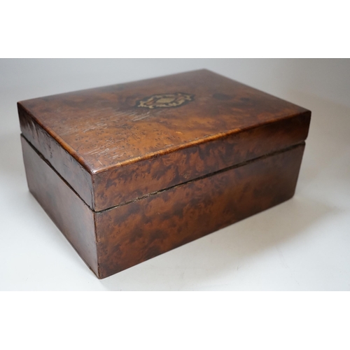 416 - A Late 19th century burr yew and brass inlaid jewellery box, with lift out compartment and key, 28cm... 