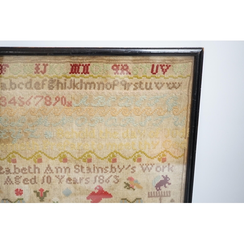 431 - * * A fine cross stitch needlework sampler, by Sarah Graham, dated Oct 1842, in original frame, 36 x... 