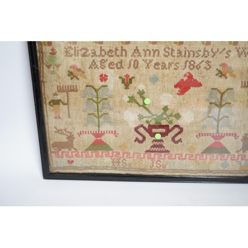 431 - * * A fine cross stitch needlework sampler, by Sarah Graham, dated Oct 1842, in original frame, 36 x... 