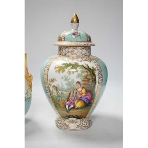 442 - A Dresden vase and cover together with a Worcester vase , 1539 shape, tallest 27cm