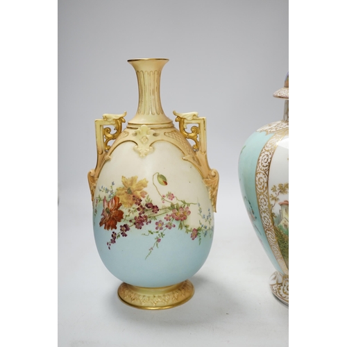 442 - A Dresden vase and cover together with a Worcester vase , 1539 shape, tallest 27cm