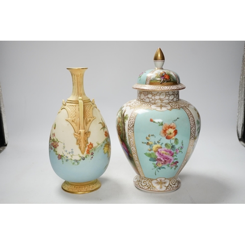 442 - A Dresden vase and cover together with a Worcester vase , 1539 shape, tallest 27cm