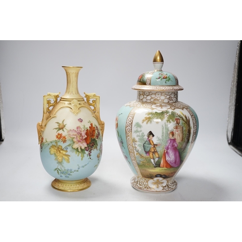 442 - A Dresden vase and cover together with a Worcester vase , 1539 shape, tallest 27cm