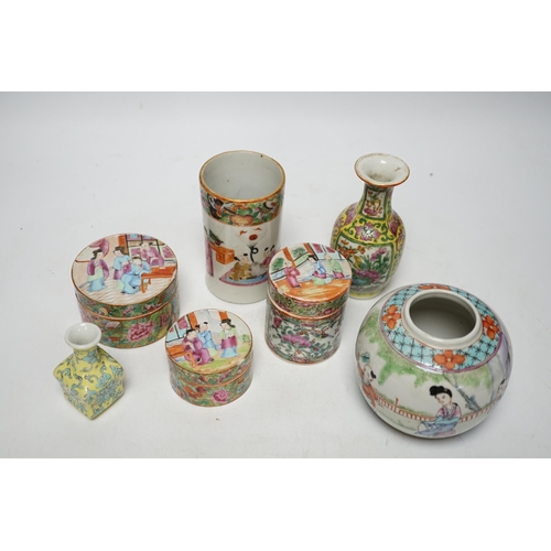 444 - Seven 19th/20th century Chinese enamelled porcelain vases,  boxes or jars