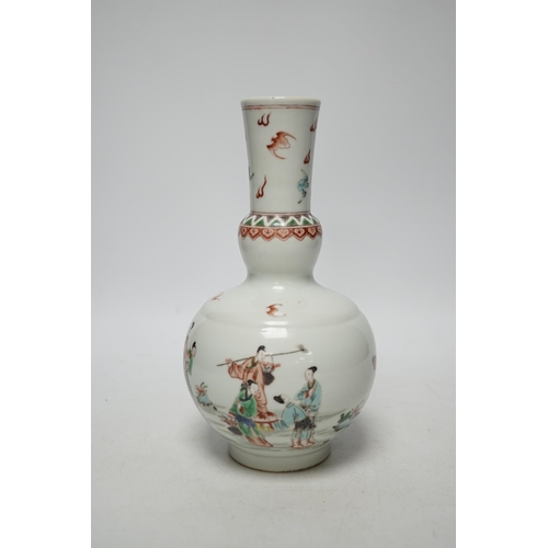 446 - A Chinese famille verte bottle vase, Kangxi mark but later, 22cm