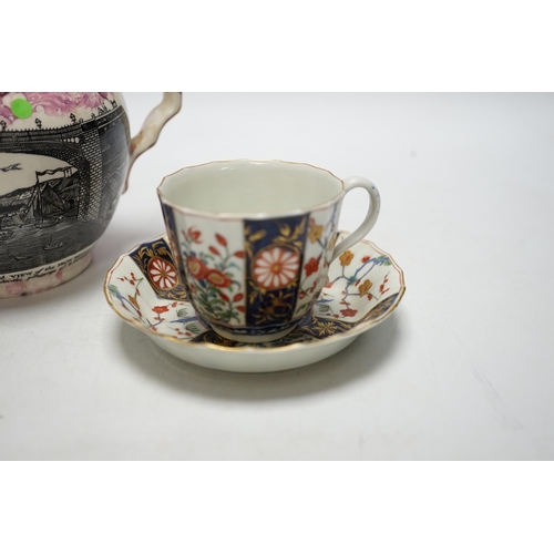 447 - * * A Worcester Kakiemon pattern coffee cup and saucer, c.1780 and Grays Pottery pink lustre Iron... 