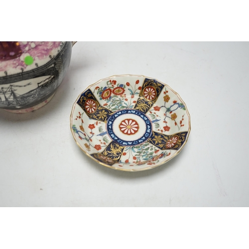 447 - * * A Worcester Kakiemon pattern coffee cup and saucer, c.1780 and Grays Pottery pink lustre Iron... 