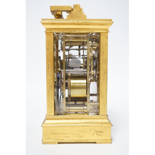 452 - ** ** A late 19th century French gilt brass cased eight day repeating carriage clock with key, 17cm ... 