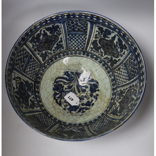 471 - A large Persian underglaze blue and black fritware bowl, Safavid, 17th/18th century 40cm diameter, 2... 