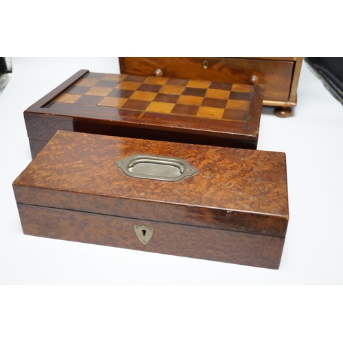 474 - A Victorian mahogany miniature four draw chest, an amboyna glove box and a games box