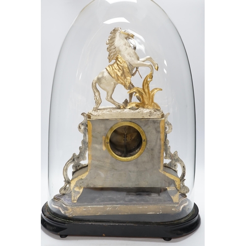 482 - A French gilt and silvered Marly Horse mantel clock under (cracked) dome, total height 57cm