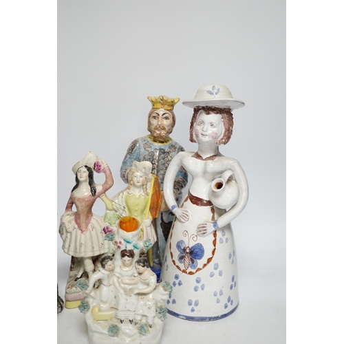 485 - A Maiolica figure of a king and 4 other items including Staffordshire