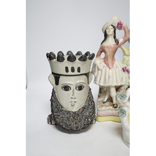 485 - A Maiolica figure of a king and 4 other items including Staffordshire