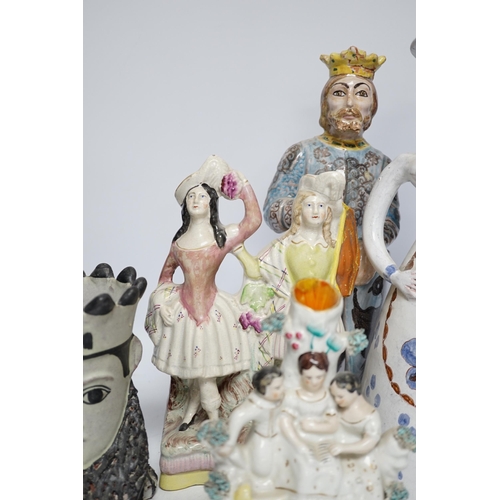 485 - A Maiolica figure of a king and 4 other items including Staffordshire