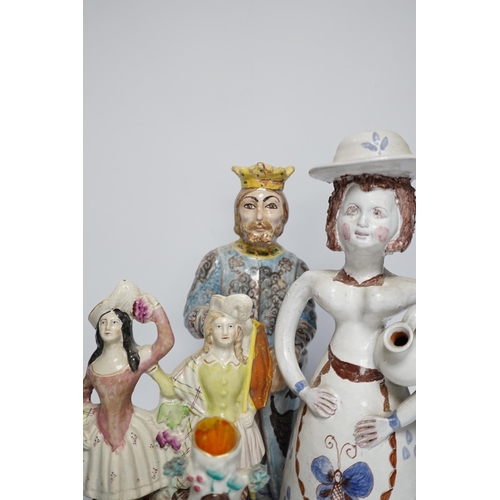 485 - A Maiolica figure of a king and 4 other items including Staffordshire