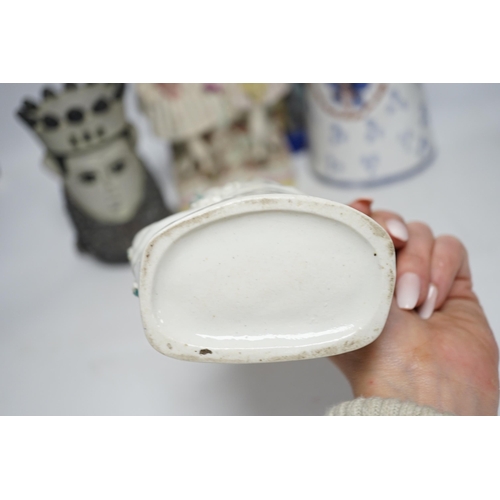 485 - A Maiolica figure of a king and 4 other items including Staffordshire