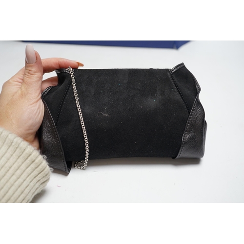 498 - A Swarovski diamanté decorated black suede and leather evening bag, with chain handle, dust bag, box... 