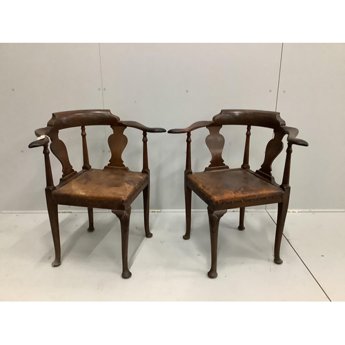 51 - A pair of George II style mahogany corner elbow chairs, width 73cm, depth 60cm, height 80cm