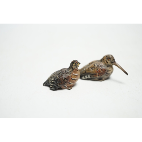 522 - * * Two miniature Austrian cold painted bronze models of a snipe and partridge, longest 5cm Please n... 