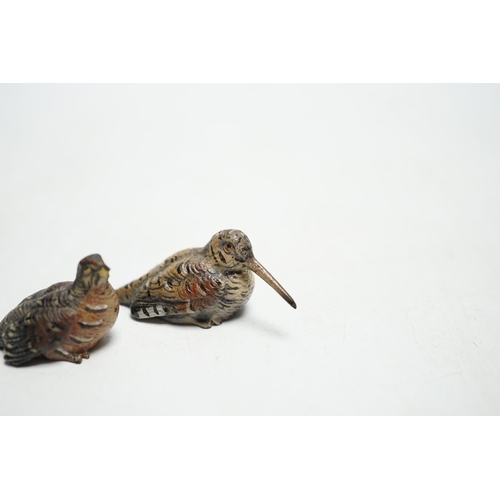 522 - * * Two miniature Austrian cold painted bronze models of a snipe and partridge, longest 5cm Please n... 