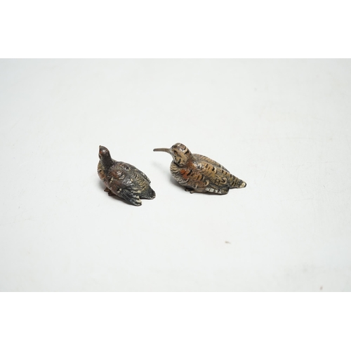 522 - * * Two miniature Austrian cold painted bronze models of a snipe and partridge, longest 5cm Please n... 