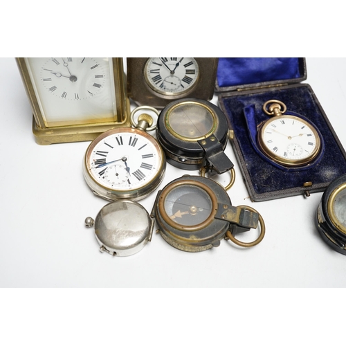 527 - An Asprey pocket watch in silver mounted case, brass cased carriage timepiece, military compasses et... 