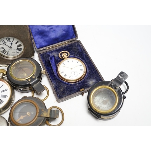 527 - An Asprey pocket watch in silver mounted case, brass cased carriage timepiece, military compasses et... 
