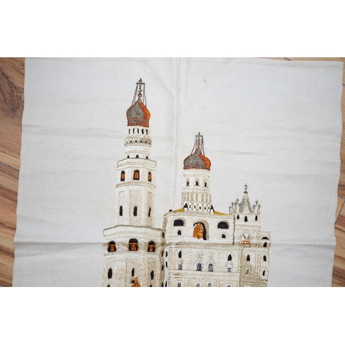 528 - A Russian silk embroidery of a building with embroidered text below: translation Ivan the Greats Be... 