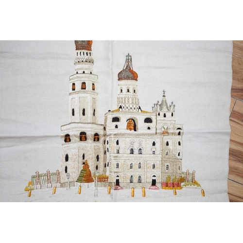 528 - A Russian silk embroidery of a building with embroidered text below: translation Ivan the Greats Be... 