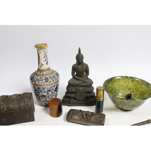 545 - A Chinese hardstone bowl, a cast Buddha and five other items including a domed miniature chest, larg... 