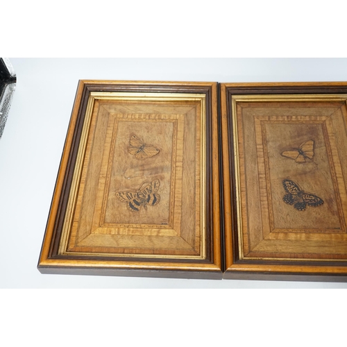 546 - A pair of framed marquetry butterfly panels, initialled SVD., 22.5cm wide, 32cm high