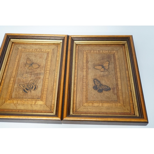 546 - A pair of framed marquetry butterfly panels, initialled SVD., 22.5cm wide, 32cm high