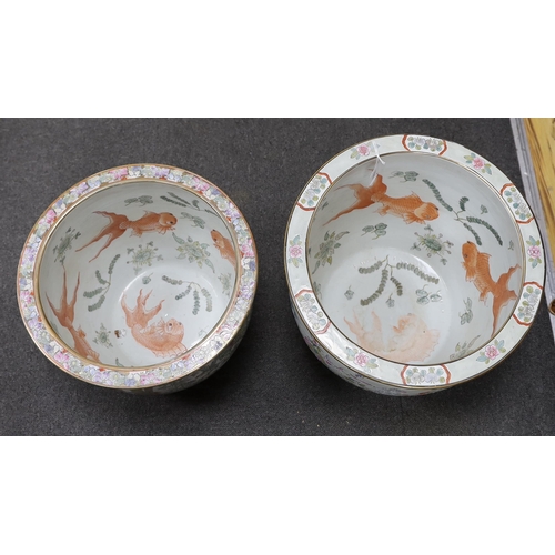 553 - Two Chinese enamelled porcelain fish bowls, decorated with phoenixes and other birds, largest 42cm i... 