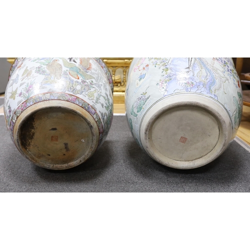 553 - Two Chinese enamelled porcelain fish bowls, decorated with phoenixes and other birds, largest 42cm i... 